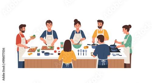 A large group of enthusiastic culinary students wearing white aprons are busy preparing various gourmet dishes around a central kitchen workstation in a class.