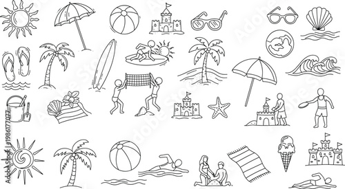 Beach Vacation Icon Set with Sun, Sand, Surfing, Volleyball, and Summer Activities for Holiday, Resort, and Travel Designs