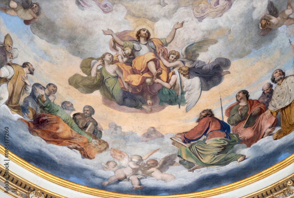 Naklejka premium BERGAMO, ITALY - MARCH 21, 2026: The fresco of Apotheosis of St. Alexander in the church Chiesa di San Alessandro in Colonna by Vincenzo Angelo Orelli (1751 – 1813).