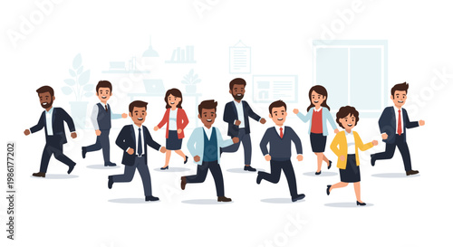 A diverse group of motivated business professionals wearing formal suits are running forward together with determination in a bright stylized office setting.