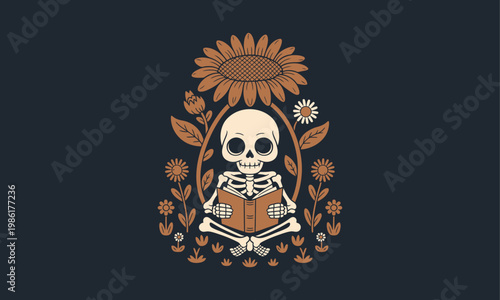 Whimsical skull and sunflower illustration a fusion of life and mortality in floral design