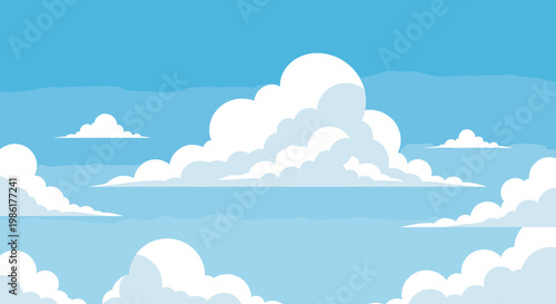 A calming illustration of a bright blue sky with fluffy white clouds over a tranquil ocean. Perfect for conveying peace, hope, and open possibilities 
