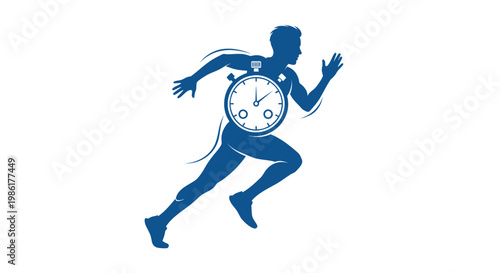 Dynamic athlete in motion, symbolizing speed, endurance, timed achievement in sports and fitness training, with a stopwatch emblem for peak performance measurement and race timing