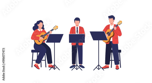 Music band performing live with guitars and microphone on stage