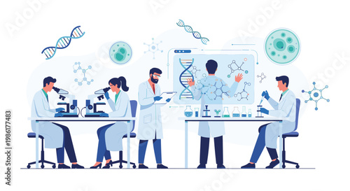 Expert researchers collaborate on advanced genetic studies using digital displays and high-tech microscopes surrounded by vibrant floating molecules.