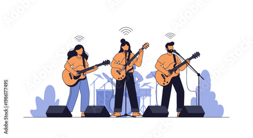 Live Guitar Band Performance with Three Musicians on Stage