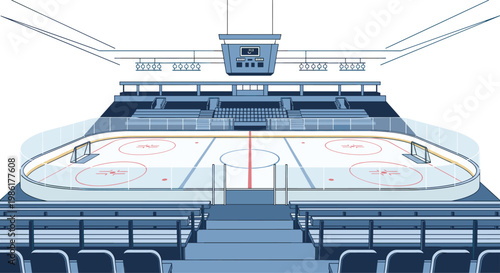 A pristine ice hockey rink with precise red and blue markings sits ready for a match within a massive stadium featuring tiered rows of blue seating now.