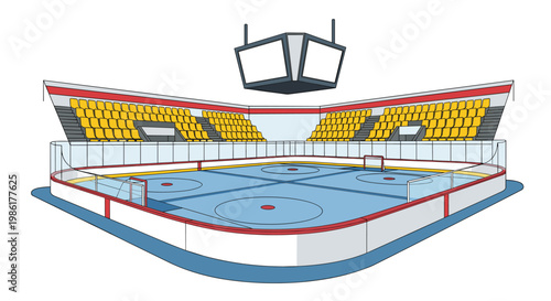 A vibrant ice hockey arena features bright yellow spectator seating and a large four-sided scoreboard suspended above a clean blue and white ice rink.