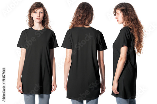 Black longline t-shirt mockup on woman, front back side view
