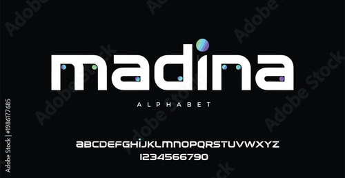 A modern alphabet font design with colorful dots on a black background