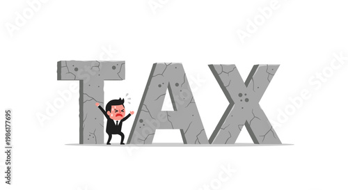 A determined businessman in a black suit sweats profusely while attempting to push aside giant cracked stone letters spelling out the word TAX today.
