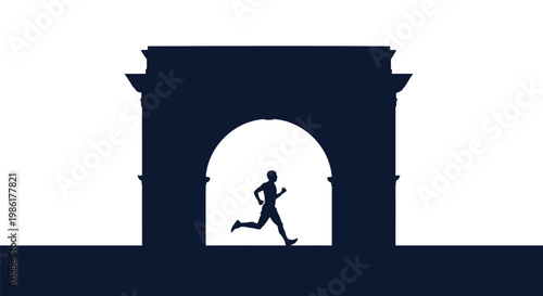 Minimalist runner silhouette passing through triumphal arch, marathon athlete jogging in city landmark, sports and fitness vector illustration