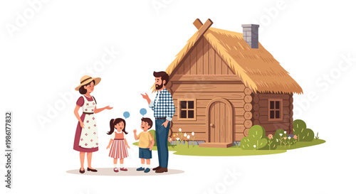 A cheerful family of four stands talking in front of a rustic log cabin featuring a traditional thatched roof and small windows in a rural setting now.