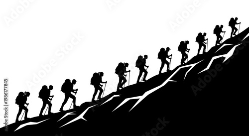 Silhouettes of hikers ascending a mountain slope in unison.