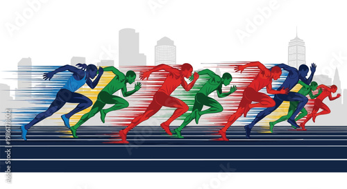 Dynamic running athletes vector, colorful sprinting silhouettes on track, fast motion blur runners in city marathon, athletic competition concept