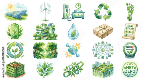 Sustainable energy and eco technology icons set with solar panels, recycling, green transport, water saving and net zero symbols in detailed hand drawn style isolated on white background