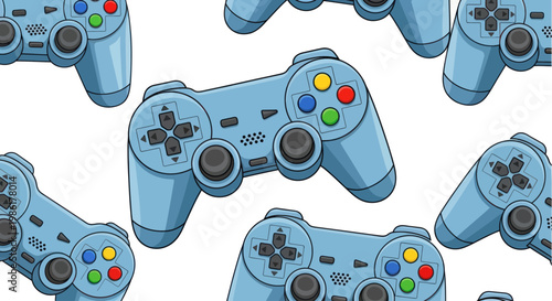 Seamless pattern of blue video game controllers on a white background.