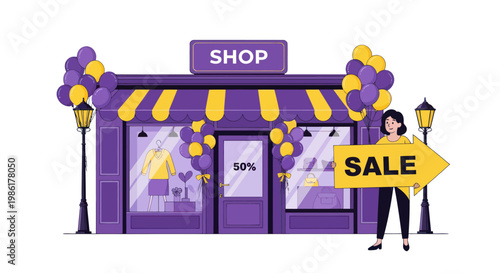 Woman holding sale sign outside a shop decorated with balloons.