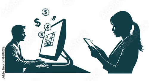 Business professionals analyzing financial data and managing investments on digital devices.