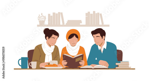 Group of Three Diverse People Reading and Discussing Documents at Workspace