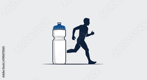 Minimalist runner silhouette with sports water bottle vector, athletic man jogging for fitness and hydration, blue and white exercise concept