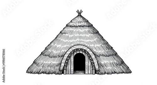 Drawing of a historic hut with a thatched roof