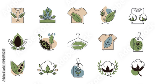 Minimalist sustainable fashion and organic cotton eco friendly line art icons set