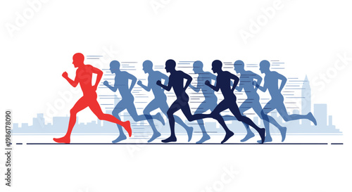 Dynamic running man silhouettes in motion, red leader sprinting ahead of blue runners, athletic marathon competition vector with city skyline