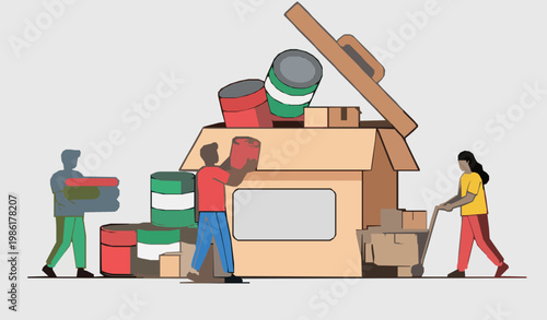 Donation Box Charity Support Volunteering Tiny People Vector Illustration
