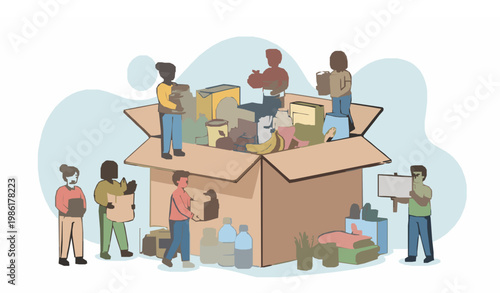 Charity Donation Tiny People Food Box Volunteering Vector Illustration