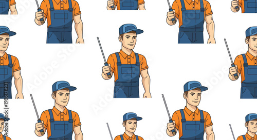 A friendly cartoon service worker holds a pointer in a seamless pattern.