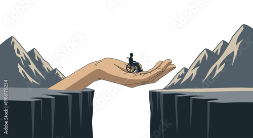Giant hand bridge helping a wheelchair user cross between mountain cliffs concept