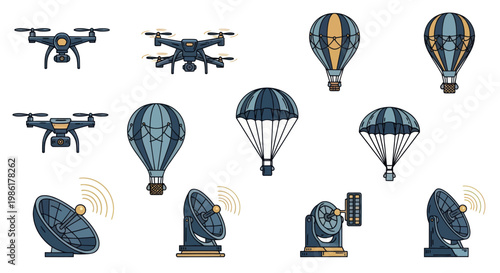 Collection of air transport and communication icons featuring drones and satellite dishes