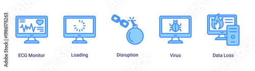 System alert icon set featuring monitoring,errors,and disruptions.Perfect for system performance and risk management visuals.