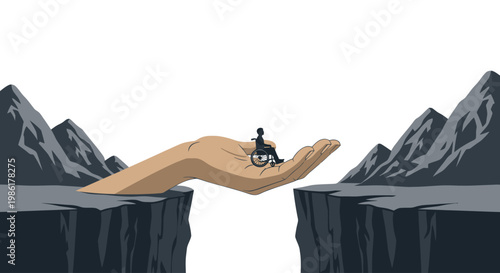 Metaphorical illustration of a giant hand helping a wheelchair user cross a mountain chasm