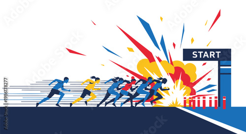 Dynamic illustration of athletes bursting from the starting line with an explosion of colorful energy, representing the intense competition, speed, and powerful beginning of a challenging race