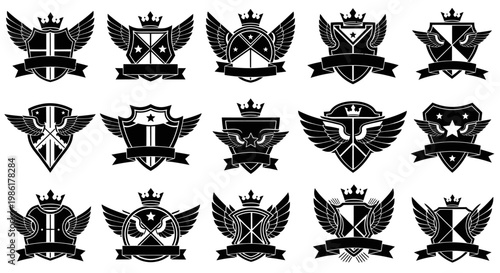 Collection of black and white heraldic shield crests with wings and crowns