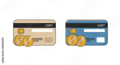 Set of credit card icons with gold dollar coins for online payment and banking