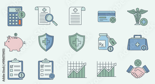 Set of medical and financial icons representing healthcare and business concepts.