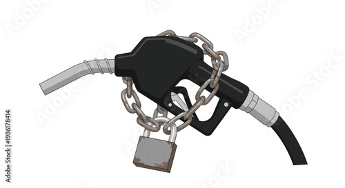 A black fuel pump nozzle is tightly wrapped in a thick rusted iron chain and secured with a weathered metal padlock on a clean white background theme.