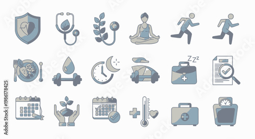 Set of healthcare and medical icons representing protection, diagnosis, and treatment.