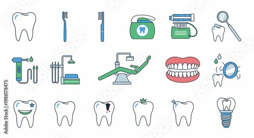 Set of dental care and oral hygiene icons including tools and teeth.