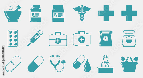 Set of medical and healthcare icons including syringe, pills, stethoscope, and first aid kit.
