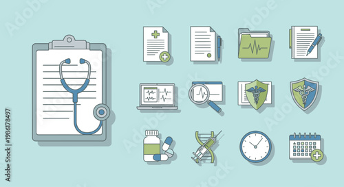 Medical and healthcare icons including clipboard with stethoscope and various health-related symbols.