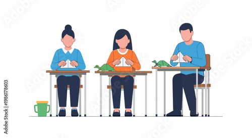 Diverse Group of People Engaged in Creative Handcrafts at Table