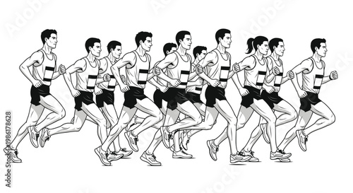 Dynamic group of competitive runners in full stride, an engaging illustration depicting athletes in an endurance race, showcasing speed and collective effort