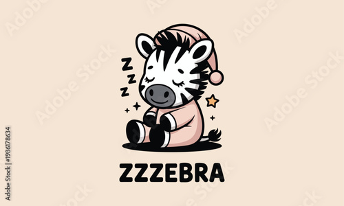 A charming cartoon zebra wearing a nightcap and pajamas peacefully sleeps accompanied by dreamy zzz's and stars