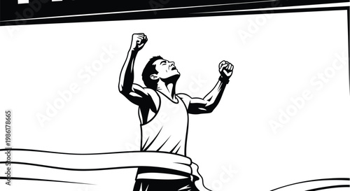 Runner crossing the finish line in triumph, black and white illustration