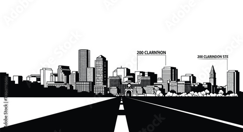 High-contrast monochromatic illustration showcasing a sweeping city skyline viewed from an open road, embodying the journey towards a vibrant urban landscape and metropolitan architecture