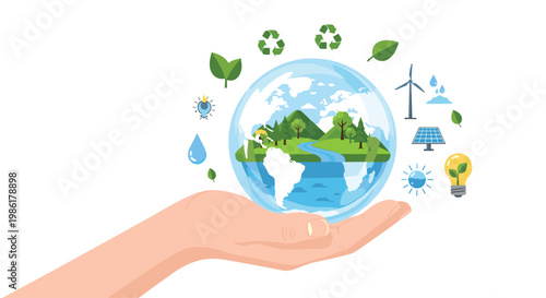 A gentle human hand supports a transparent glass sphere containing a lush mountain landscape surrounded by diverse green energy and recycling icons.